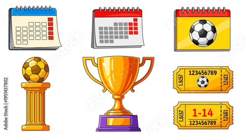 Soccer trophy and tickets on calendar background with soccer ball