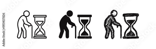 Elderly person and hourglass icon set. Aging process, time passing, and retirement symbols.