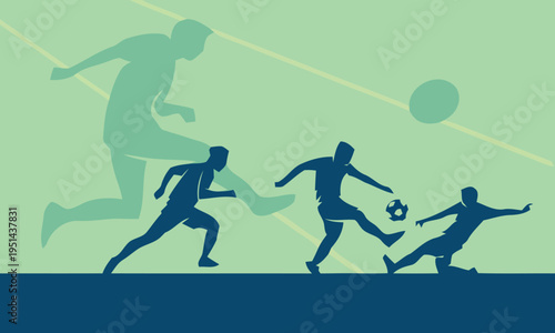 Action-packed football players kicking ball on stadium field during game