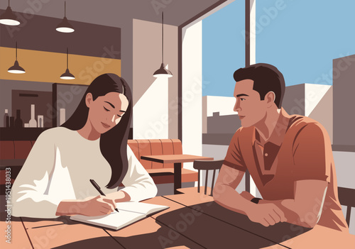 Vector illustration of casual couple in deep conversation at cozy cafe table with pen and menu