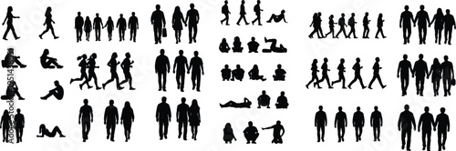 Collection of various human silhouettes in different poses and actions showcasing a range of movements and activities in silhouette