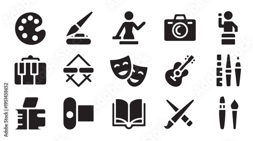 Artistic icons set featuring musical instruments painting tools photography and drama mask