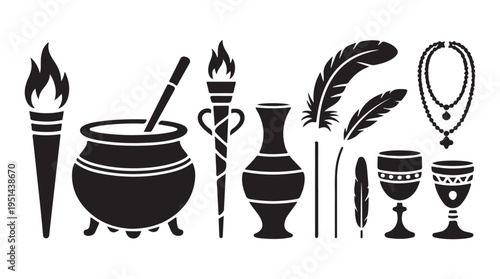 Ancient ceremonial items including burning torches clay cauldron feathers and ornate chalice