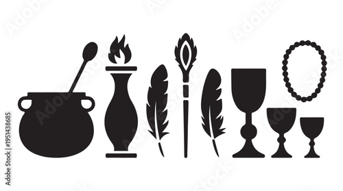 Mystical ritual set with cauldron torch flame bird feathers antique cups and beaded necklace