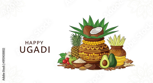 Traditional elements for Happy Ugadi celebration including a decorated pot, coconut, fruits, and neem leaves.