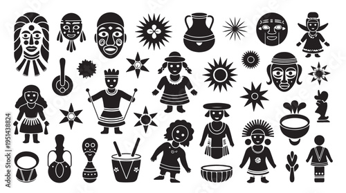 Collection of African tribal masks and figures in vector silhouette