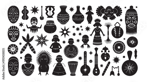 African tribal art elements including masks, figures and pottery vector