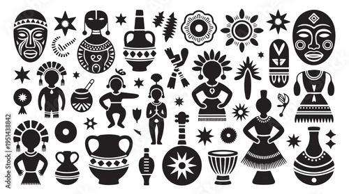 African tribal inspired art collection with masks, figures and pottery