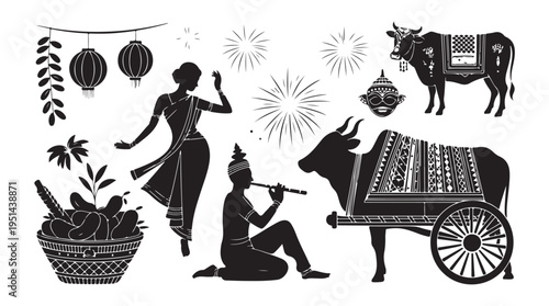 Indian festival celebration with woman dancing cow cart musician and traditional ornaments