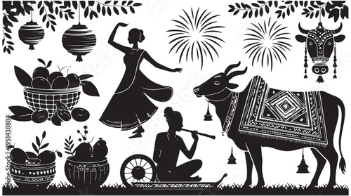 Village harvest scene with dancing woman bullock cart and traditional decorative ornaments