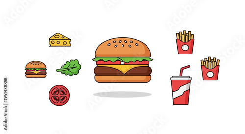 Hamburger with fast food items around.