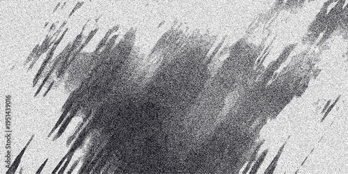 Abstract grayscale image with a central dark, textured mass and radiating diagonal streaks, enhanced by a grainy noise effect for a dramatic visual impact