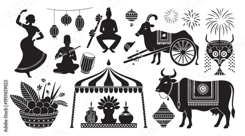 Indian festive decorations and cultural symbols include dancers musicians cows and traditional elements