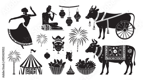 Traditional indian folk art depicts dancers musicians cows bullock cart and festive decorations