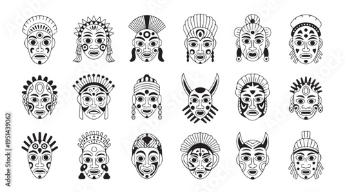 Group of decorative tribal masks featuring unique designs bold lines and expressive facial features