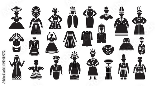 Traditional ethnic costumes and cultural symbols collection in black silhouette style icon