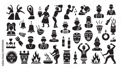 African tribal people celebration ritual dance music and mask icons vector