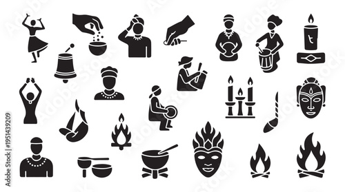 African voodoo ritual and shamanism religion black silhouette vector flat style graphic set