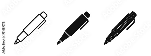Marker pen icons set. Writing, drawing, and office supply symbol.