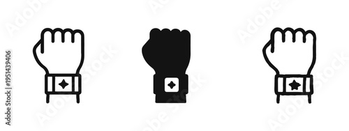 Fist with smartwatch icons set. Technology, fitness, and modern wearable device symbol.