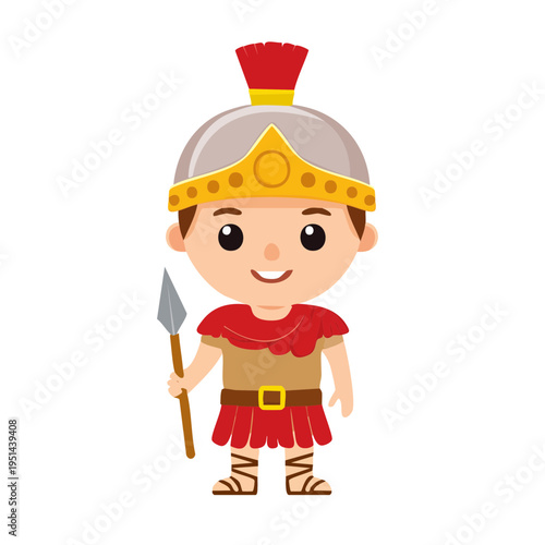 A cartoon Roman soldier with spear and helmet. The soldier is smiling and wearing a classic uniform