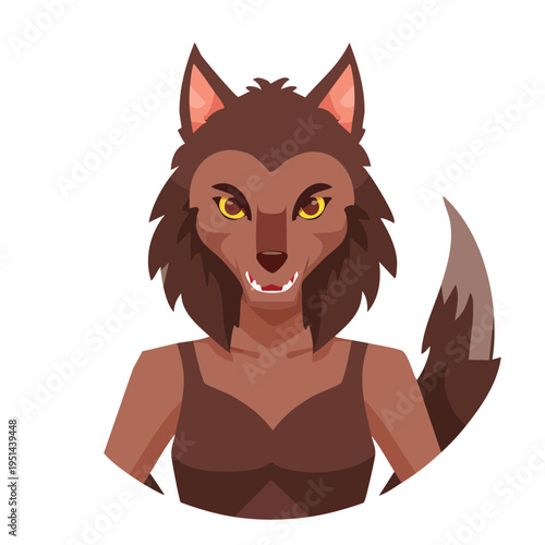 An illustrated portrayal of a werewolf with piercing yellow eyes. She stands with a stoic expression, embodying both human and wolf characteristics