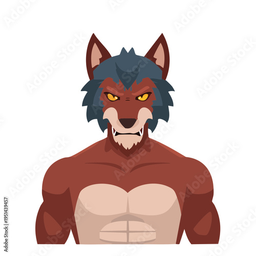 A fierce werewolf, with an intimidating stare, baring his fangs in a display of strength and danger. The image depicts a close-up of the werewolf's upper body
