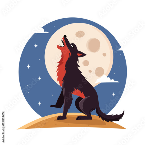 A wolf howling at the moon in a simple flat style