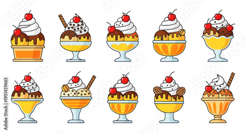 Sweet Ice Cream Sundaes Collection: Delicious Dessert Vector Illustrations