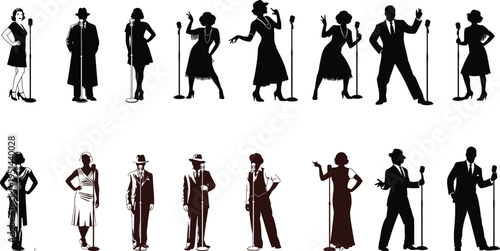 Collection of various posing silhouette figures of men and women in different attire and accessories including hats and canes silhouette