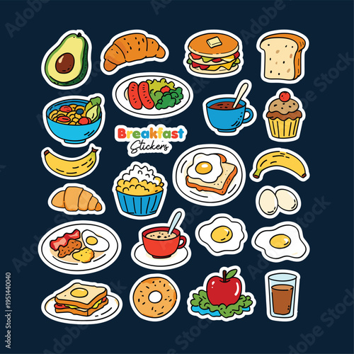 Hand-drawn Breakfast Food Stickers Set