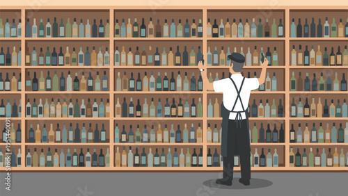 Cartoon vector illustration of a man browsing rows of bottles in a liquor store from a rear viewpoint