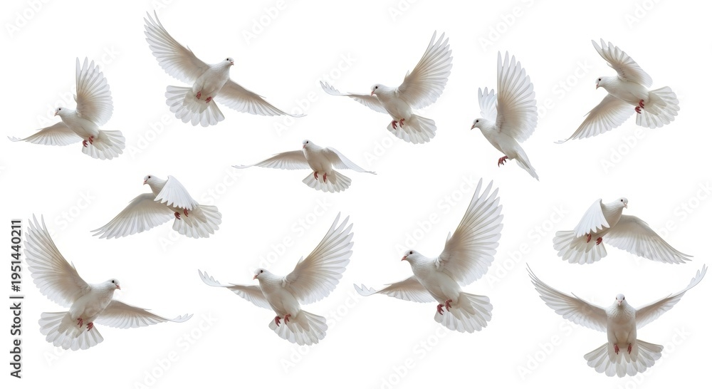 Obraz premium Collection of white doves flying in different directions. Flock of birds in motion isolated on white background. Symbol of peace, harmony and freedom for wedding or religious concept.
