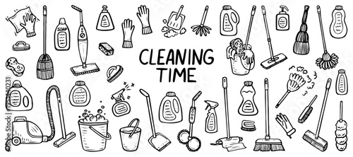Large set of cleaning time. Vector doodle hand drawn. Washing floors, bucket, mop. Clean house, household. Vacuum cleaner, broom, and dustpan. Line art graphic illustration.