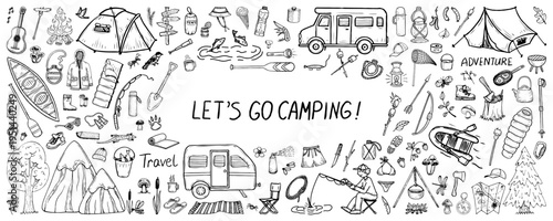 Large let go camping set. Vector hand drawn doodle. Outdoor recreation. Hiking trail in mountains. Tent in forest by lake. Fishing. Marshmallows. Campfire. Line art graphic illustration.