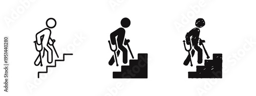 Disabled person with crutches descending stairs icon set, accessibility challenge