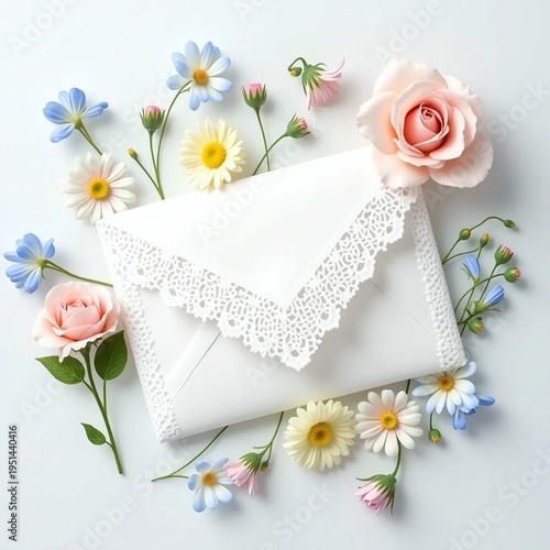envelope with flowers isolated on transparent or white background