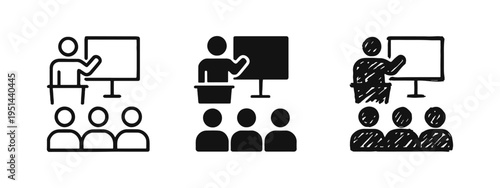 Presentation and training icon set with lecturer and audience