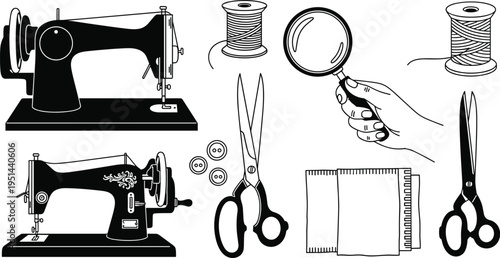 Sewing tools and machines in silhouette for crafting and textile work