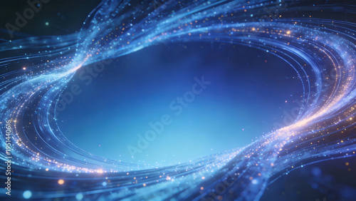 Futuristic tech key visual background with deep blue gradient, surrounded by flowing particle light ribbons, sparkling dots creating dynamic visual effects