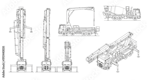 Concrete Pump Truck AutoCAD Blueprint Vector – Construction Boom Pump Vehicle Multi-View Technical Drawing Black Outline Isolated on White
