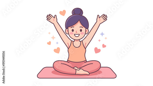Happy young woman practicing yoga on mat with arms raised  
