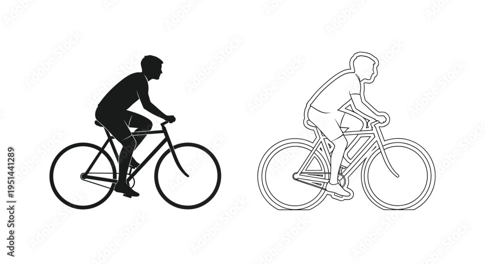 Fototapeta premium A vector graphic illustration showing a stylized male figure actively riding a bicycle, presented as both a solid black silhouette and a detailed outline design on a clean white background.