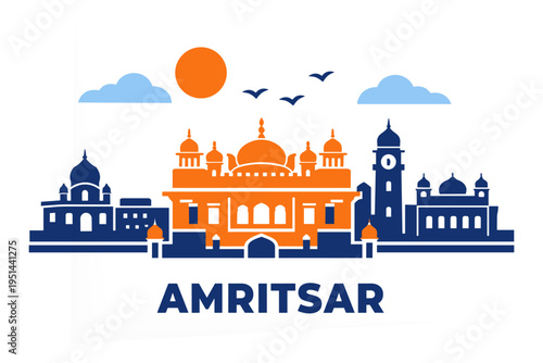 Amritsar Skyline Flat Vector Golden Temple India Travel Landmark Illustration