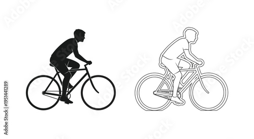 A vector graphic illustration showing a stylized male figure actively riding a bicycle, presented as both a solid black silhouette and a detailed outline design on a clean white background.