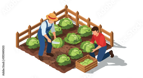 Isometric illustration depicts two farmers harvesting green cabbages in a garden with a wooden fence silhouette high quality professional detailed modern
