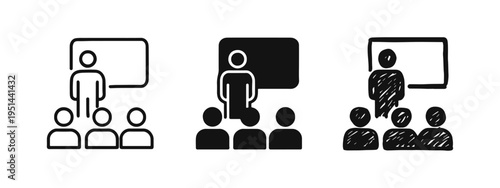 Classroom or Presentation Icon Set - Teacher, Whiteboard, and Students