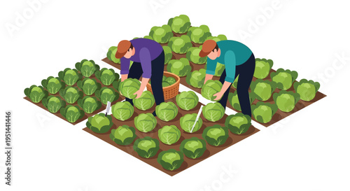 Isometric illustration depicts two farmers harvesting green cabbage in a meticulously arranged field a striking silhouette high quality professional detailed modern