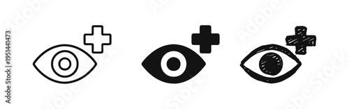 Eye with Plus Sign Icon Set for Vision Care and Medical Optometry
