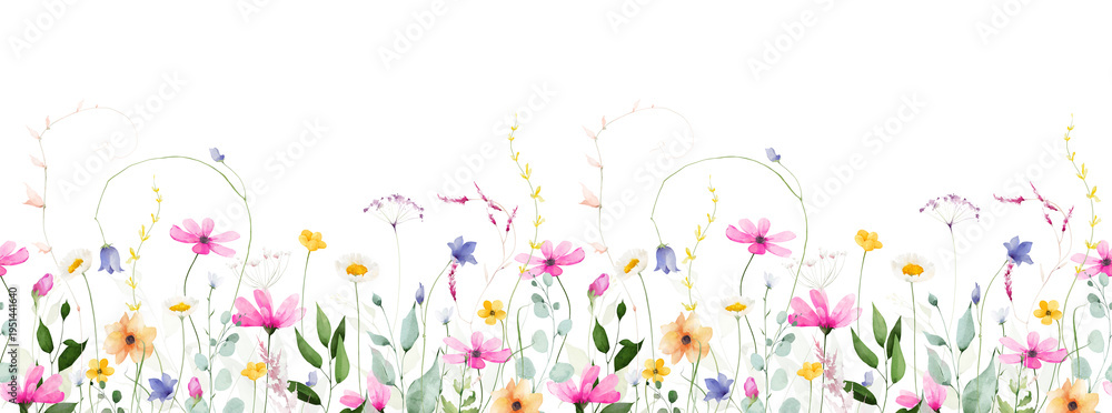 Fototapeta premium Watercolor floral seamless border. Meadow pink chamomiles, yellow, orange, blue bell flowers, green branches, leaves, wild herbs. Hand drawn illustration. Artistic template design